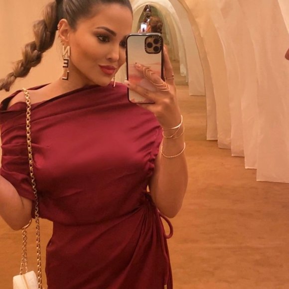 NWT ANDREA IYAMAH Burgundy One Shoulder Satin Evening Dress - Picture 3 of 10